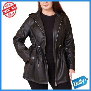 Plus Size Faux Leather Hooded Moto Jacket Trench Coat with Drawstring